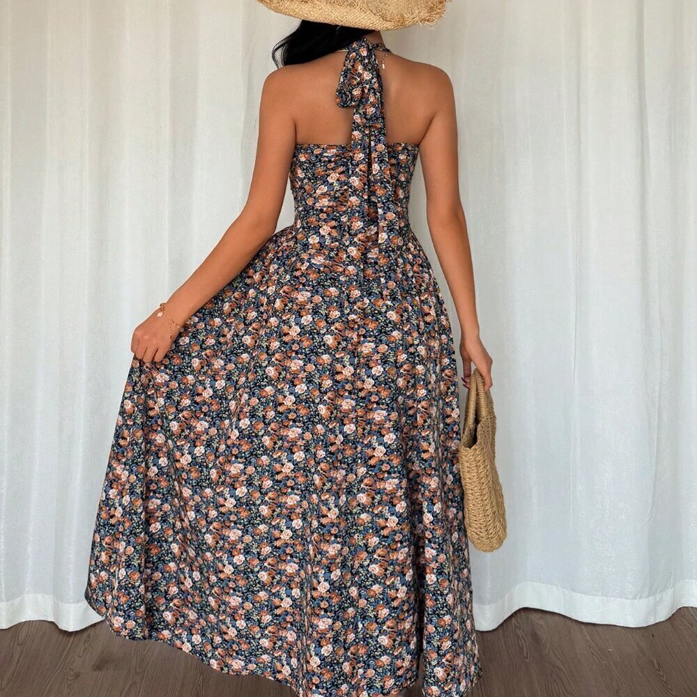 Multicolor Boho Womens Elegant A-Line V-Neck Cinched Waist Flared Hem Back Dress - Picture 2 of 7